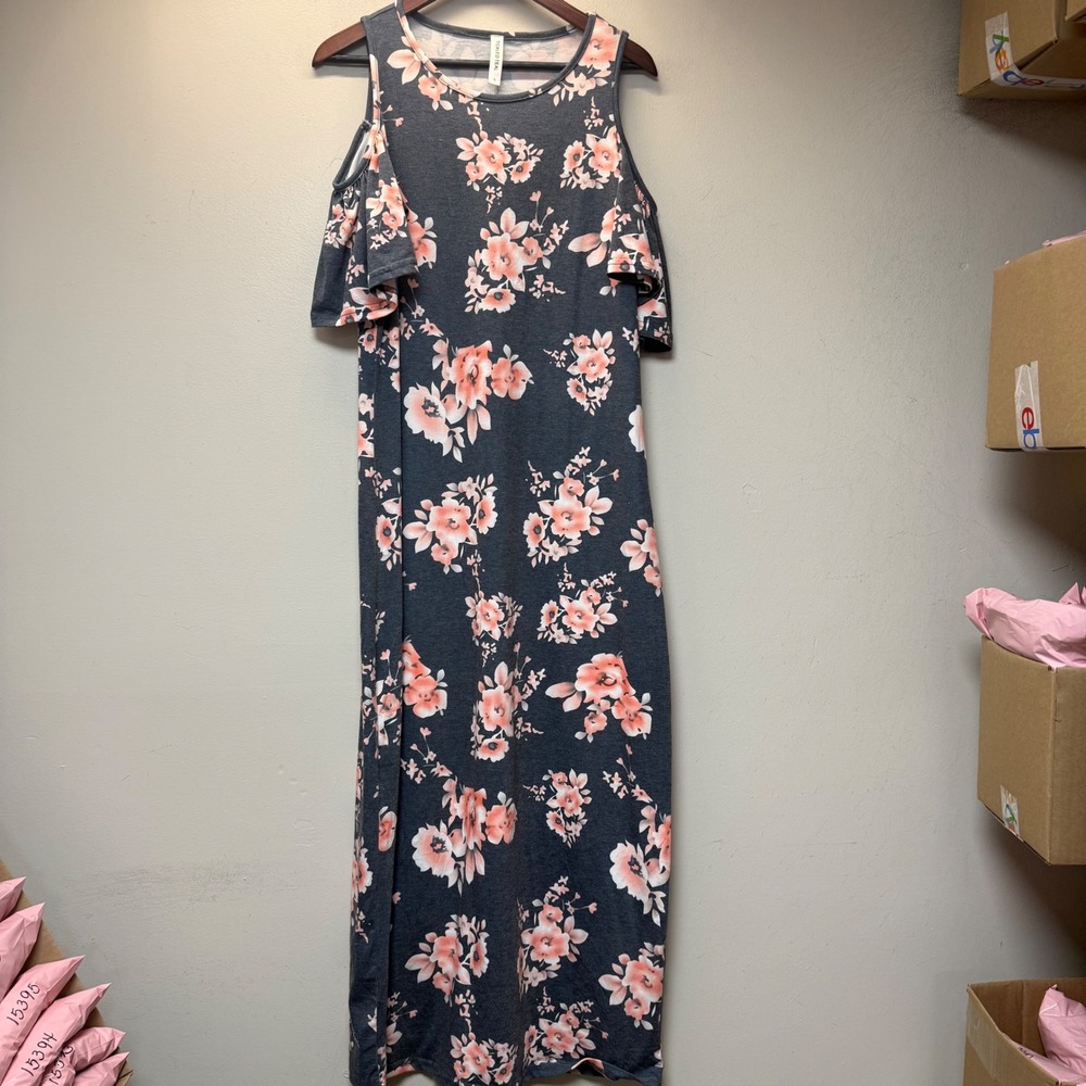 Tickled Teal Maxi Dress Womens Large Grey Peach Excellent Cold Shoulder Floral